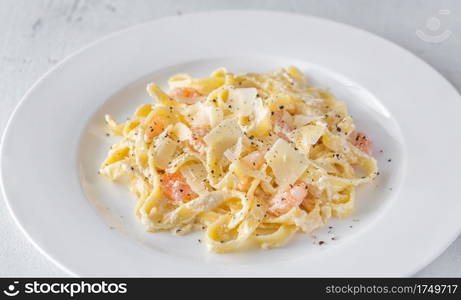 Portion of Shrimp Alfredo Pasta close-up