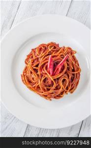 Portion of Spaghetti all’assassina on the white plate