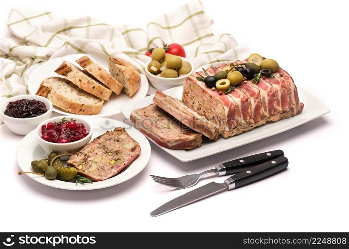 Portion of Traditional French terrine covered with bacon isolated on white background. High quality photo. Portion of Traditional French terrine covered with bacon isolated on white background