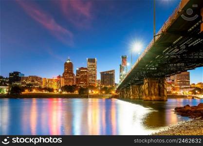 Portland city downtown skyline  cityscape of Oregon, in USA at sunset