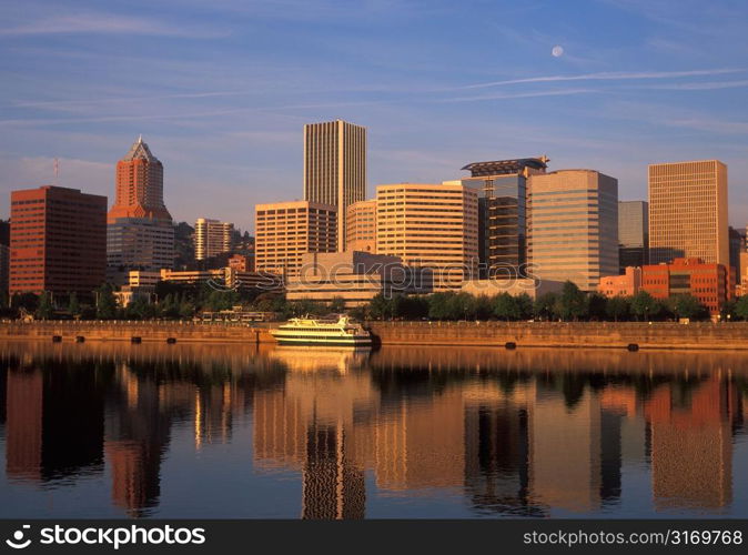 Portland Riverfront at Dawn With Ship at Dock