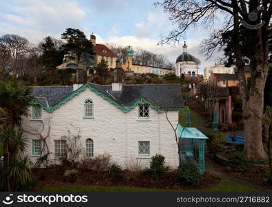 Portmerion village on the North coast of Wales in winter showing the fantasy houses