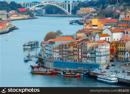 Porto. Aerial view of the city.. Aerial view of Porto from the bridge of Don Luis over the river Duero.