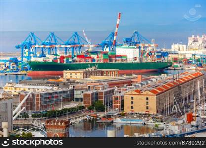 Porto Antico Genova, container and passenger terminals in seaport of Genoa on Mediterranean Sea, Italy.