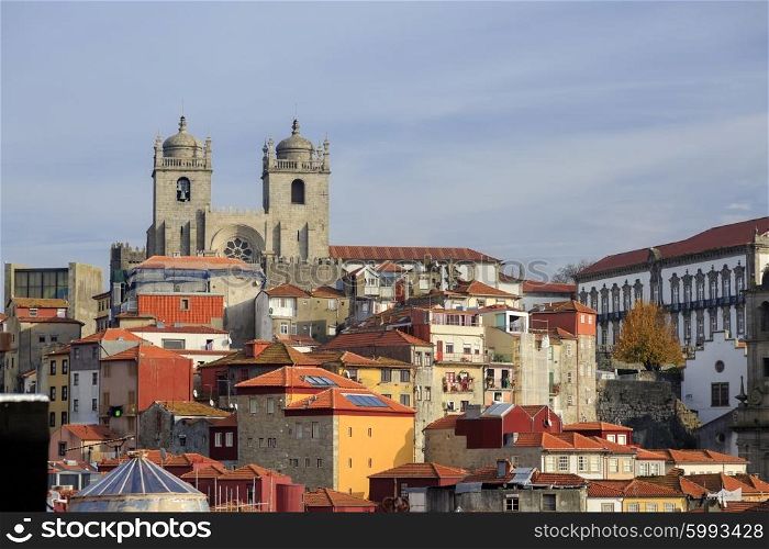 Porto cathedral and house roofs from viewpoint, Portugal&#xA;