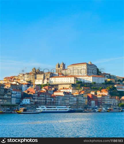 Porto Cathedral, Ribeira, Old Town, Douro river at sunset. Porto, Portugal