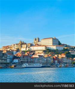 Porto Cathedral, Ribeira, Old Town, Douro river at sunset. Porto, Portugal