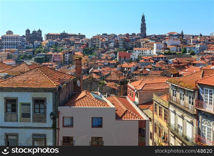 Porto city top cityscape with Clerigos tall bell tower (Torre dos Clerigos), Potugal.