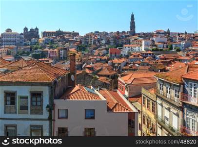Porto city top cityscape with Clerigos tall bell tower (Torre dos Clerigos), Potugal.
