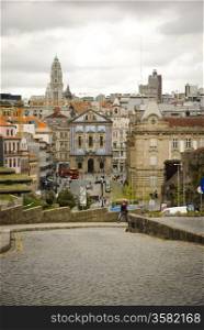 PORTO, PORTUGAL - APRIL 21, 2012 - View towards center of Porto with Sao Bento train station and city hall in Aliados. Porto is one of best touristic destionation of year 2012.