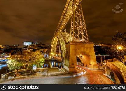 Porto. The Don Luis bridge at night.. The bridge Don Luis across the Douro River in the night illumination. Porto. Portugal.
