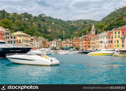 Portofino. The resort town in Liguria.. Pleasure boats and yachts in the harbor village of Portofino. Italy. Liguria. Cinque Terre.
