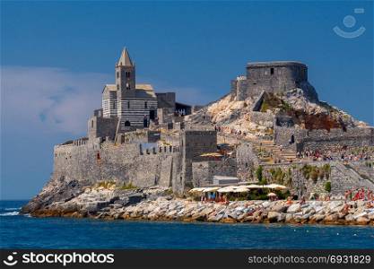Portovenere. Old seaside town.. St Peter church on top of a cliff in Portovenere. Italy. Cinque Terre.