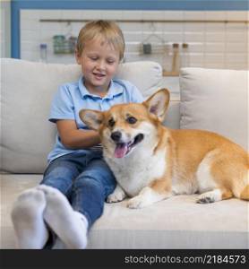 portrait adorable young boy with dog
