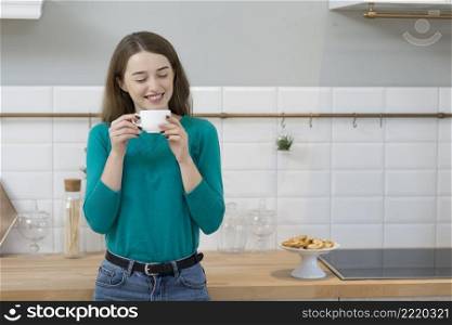 portrait adult woman enjoying cup cofee