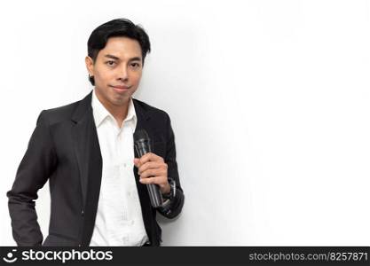 Portrait Asian male singer super star or presenter standing confident smile handle microphone isolated on white studio