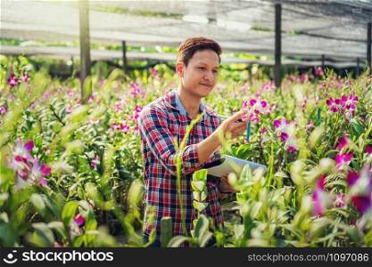Portrait asian small business owner of orchid gardening farm, Happiness founder checking and writing, The purple orchids are blooming in the garden farm,Purple orchids in farming of bangkok, thailand.