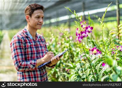 Portrait asian small business owner of orchid gardening farm, Happiness founder checking and writing, The purple orchids are blooming in the garden farm,Purple orchids in farming of bangkok, thailand.