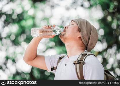 Portrait Asian trave≤r man with backpack drinking water from bott≤in woodland with©space. Ma≤hiker drinking water in forest. Vacation, holiday and hobby concept.