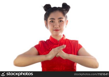 Portrait Asian woman red dress traditional cheongsam at white background, China Girl wear qipao with an attractive smile, Concept Chinese New Year day