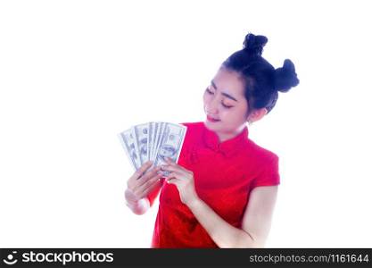 Portrait Asian woman red dress traditional cheongsam holding Money 100 Us dollar bills at white background, China Girl, Concept Chinese New Year