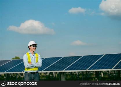 Portrait Asian Young engineer man wearing protective clothes, sunglasses and white helmet standing near solar panels while working in solar farm, copy space