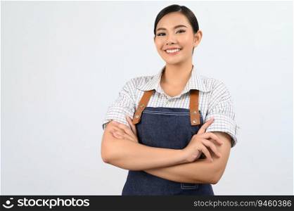 Portrait Asian young woman in waitress uniform standing arm crosses and smile with happy, Free space to insert product for advertising, isolated on white background