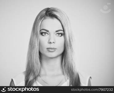 portrait attractive young woman face, alluring girl blond long hair. Female beauty. Black white photo