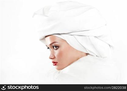 Portrait beautiful girl wearing white arabic turban