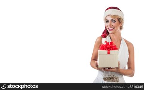 Portrait beautiful smiling woman wearing a santa hat. Isolated on white background