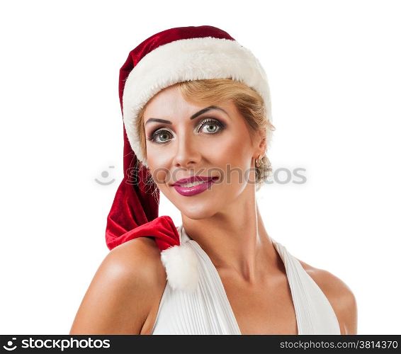 Portrait beautiful smiling woman wearing a santa hat. Isolated on white background