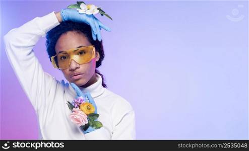 portrait beautiful woman floral gloves safety glasses with copy space