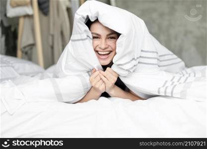 portrait beautiful woman happy bed