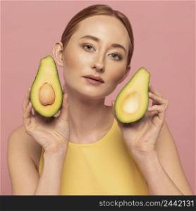 portrait beautiful woman holding fruits