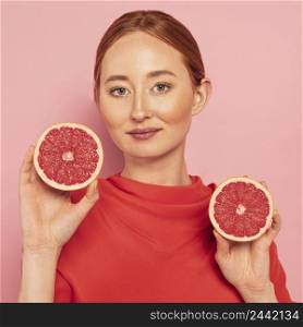 portrait beautiful woman with citruses