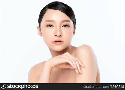 Portrait beautiful young asian woman clean fresh bare skin concept. Asian girl beauty face skincare and health wellness, Facial treatment, Perfect skin, Natural makeup, on white background.