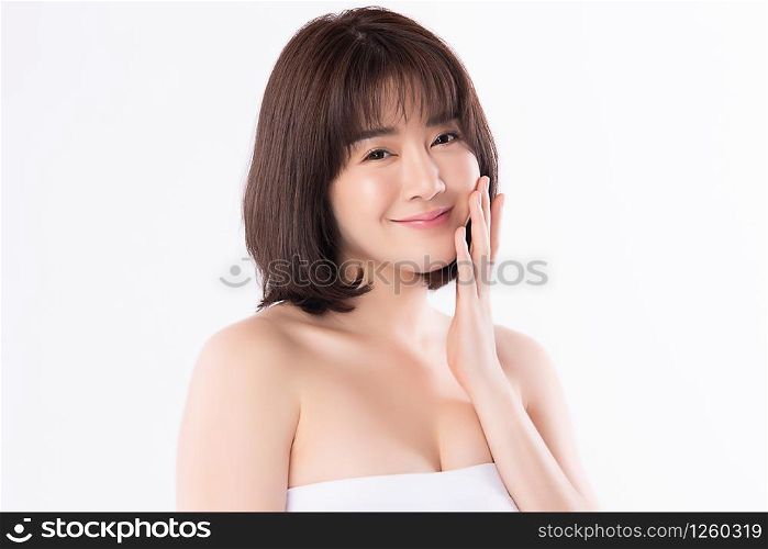 Portrait beautiful young asian woman clean fresh bare skin concept. Asian girl beauty face skincare and health wellness, Facial treatment, Perfect skin, Natural makeup, on white background.