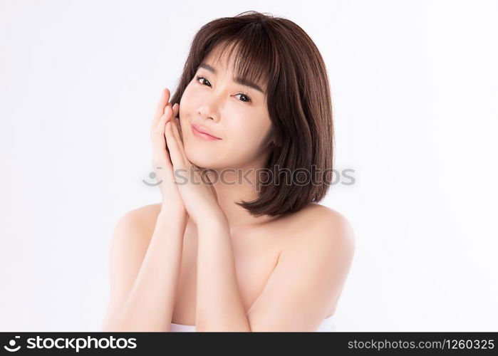 Portrait beautiful young asian woman clean fresh bare skin concept. Asian girl beauty face skincare and health wellness, Facial treatment, Perfect skin, Natural makeup, on white background.