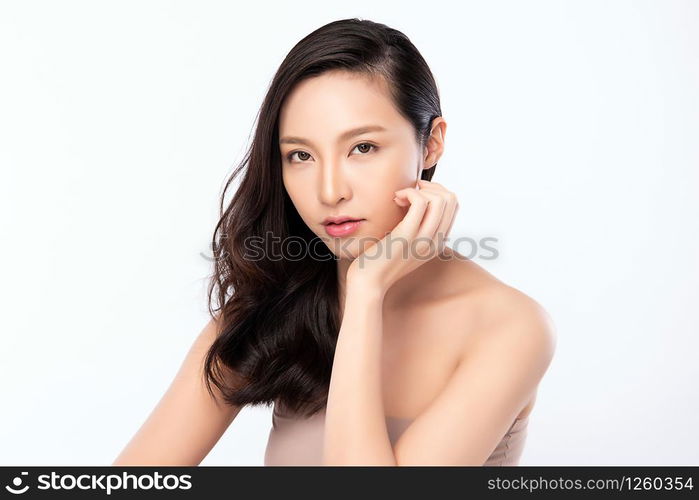 Portrait beautiful young asian woman clean fresh bare skin concept. Asian girl beauty face skincare and health wellness, Facial treatment, Perfect skin, Natural makeup, on white background.