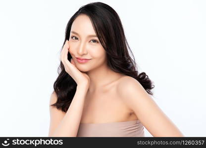 Portrait beautiful young asian woman clean fresh bare skin concept. Asian girl beauty face skincare and health wellness, Facial treatment, Perfect skin, Natural makeup, on white background.