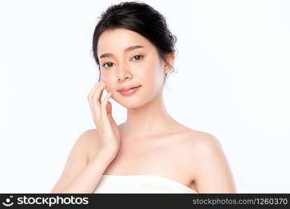 Portrait beautiful young asian woman clean fresh bare skin concept. Asian girl beauty face skincare and health wellness, Facial treatment, Perfect skin, Natural makeup, on white background.