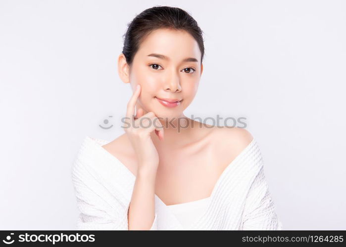 Portrait beautiful young asian woman clean fresh bare skin concept. Asian girl beauty face skincare and health wellness, Facial treatment, Perfect skin, Natural makeup, on white background.