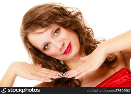 Portrait beautiful young fashion woman smiling teen girl in red dress isolated on white background