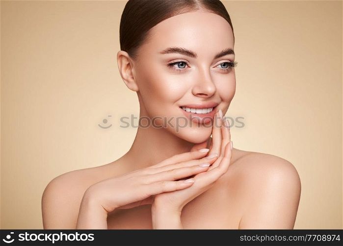 Portrait beautiful young woman with clean fresh skin. Model with healthy skin, close up portrait. Cosmetology, beauty and spa