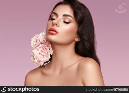 Portrait beautiful young woman with clean fresh skin. Model with healthy skin, close up portrait. Cosmetology, beauty and spa. Girl with a rose flower