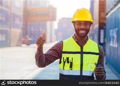 Portrait Black African staff worker happy smile working in cargo crane shipping logistic port.