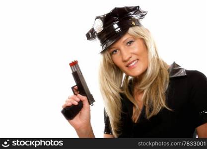 Portrait blonde female police with gun isolated on the white background