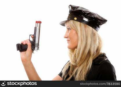 Portrait blonde female police with gun isolated on the white background