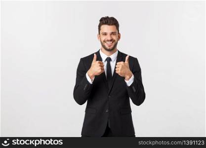 Portrait businessman showing thumbs-up sign on white background.. Portrait businessman showing thumbs-up sign on white background