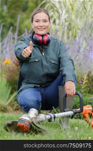 portrait cheerful woman gardener showing thumbs up